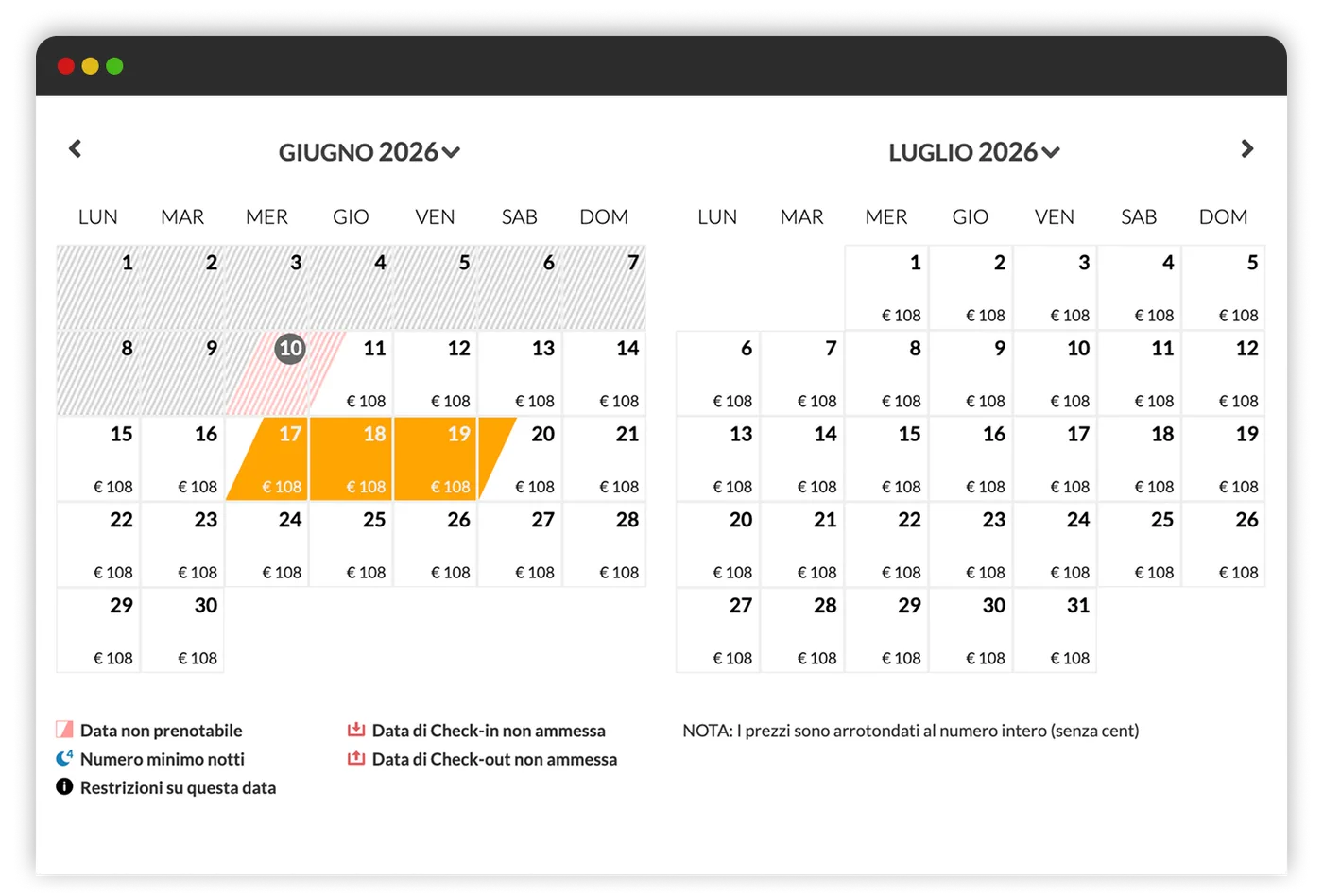 Calendario tariffe del booking engine Hotelnet: prezzi per data, restrizioni e minimi notti